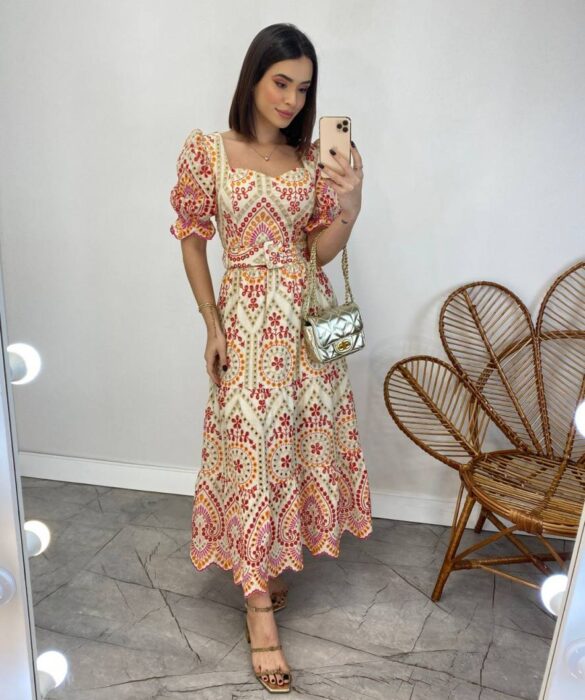 Vestido Midi sem Bojo Tricoline Laise Manga Princesa Estampado - Fernanda Ramos Store