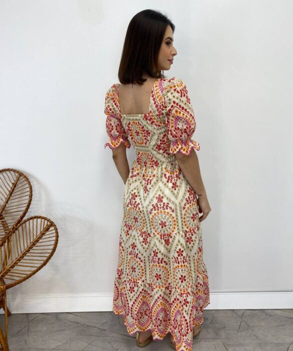 Vestido Midi sem Bojo Tricoline Laise Manga Princesa Estampado - Fernanda Ramos Store