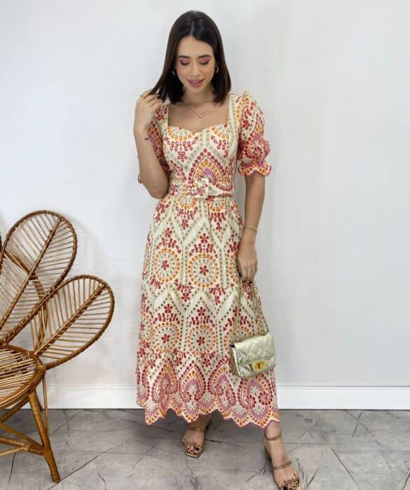 Vestido Midi sem Bojo Tricoline Laise Manga Princesa Estampado - Fernanda Ramos Store