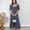 Vestido Midi sem Bojo Tricoline Manga Princesa Bordado Azul - Fernanda Ramos Store