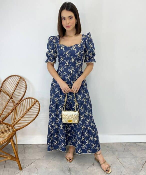 Vestido Midi sem Bojo Tricoline Manga Princesa Bordado Azul - Fernanda Ramos Store