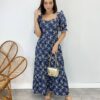 Vestido Midi sem Bojo Tricoline Manga Princesa Bordado Azul - Fernanda Ramos Store