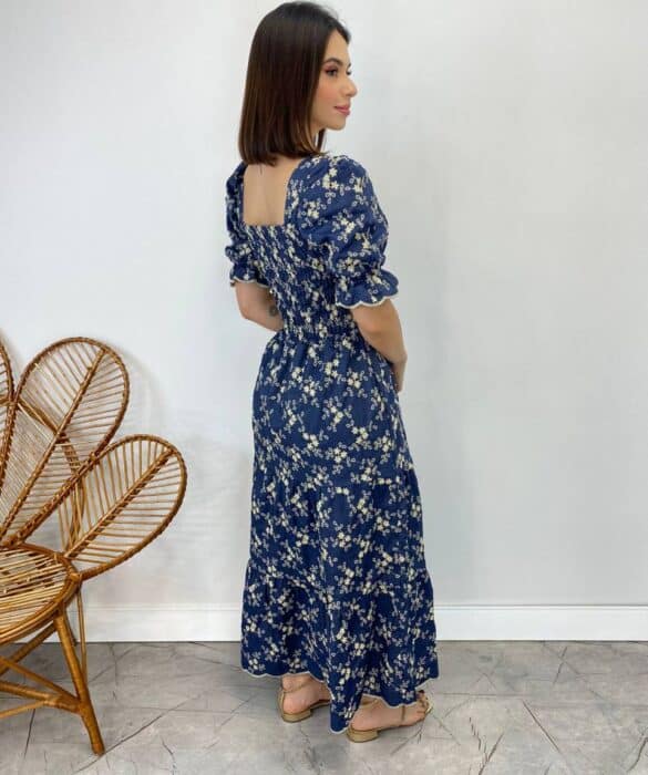 Vestido Midi sem Bojo Tricoline Manga Princesa Bordado Azul - Fernanda Ramos Store