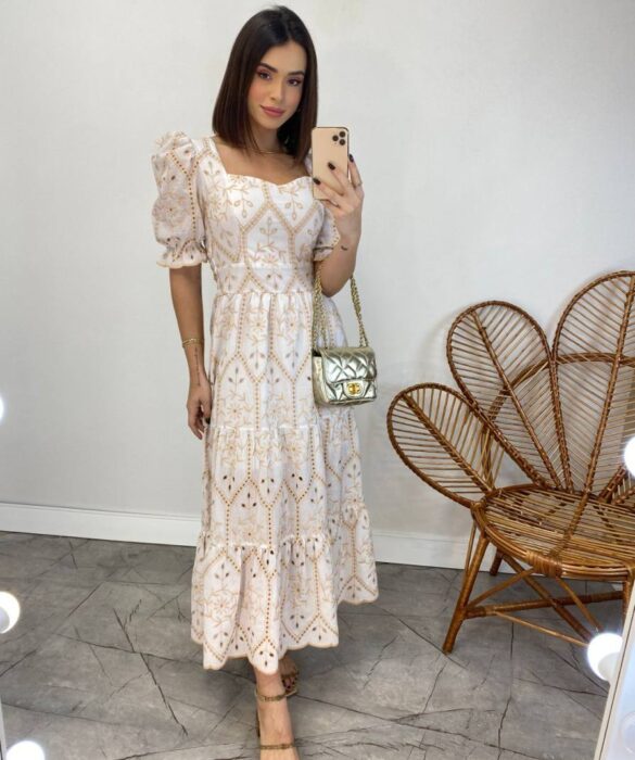 Vestido Midi sem Bojo Tricoline Manga Princesa Bordado Branco - Fernanda Ramos Store