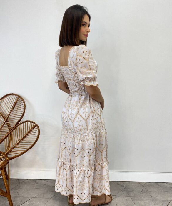 Vestido Midi sem Bojo Tricoline Manga Princesa Bordado Branco - Fernanda Ramos Store