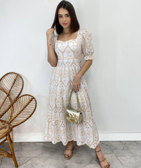 Vestido Midi sem Bojo Tricoline Manga Princesa Bordado Branco - Fernanda Ramos Store