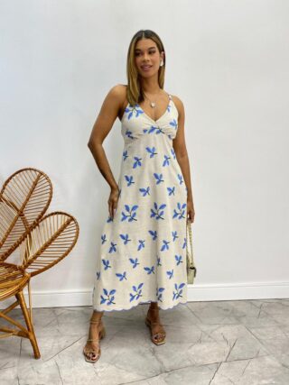 Vestido Midi sem Bojo Viscolinho com Bordado Cru - Fernanda Ramos Store