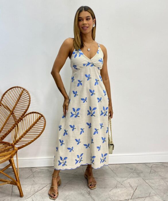 Vestido Midi sem Bojo Viscolinho com Bordado Cru - Fernanda Ramos Store