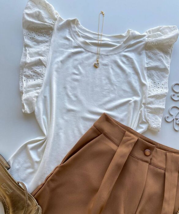 Blusa Feminina Juliana Detalhe em Laise Off White - Fernanda Ramos Store