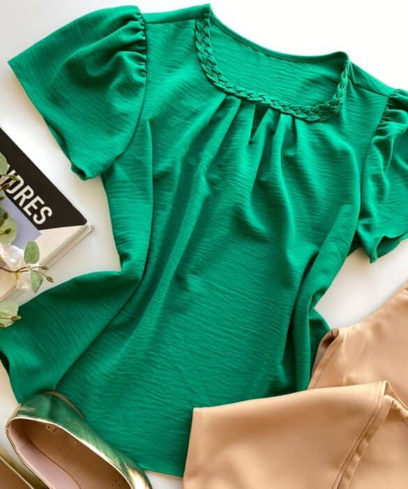 Blusa Manga Curta Feminina Bia Detalhe Trançado Verde - Fernanda Ramos Store