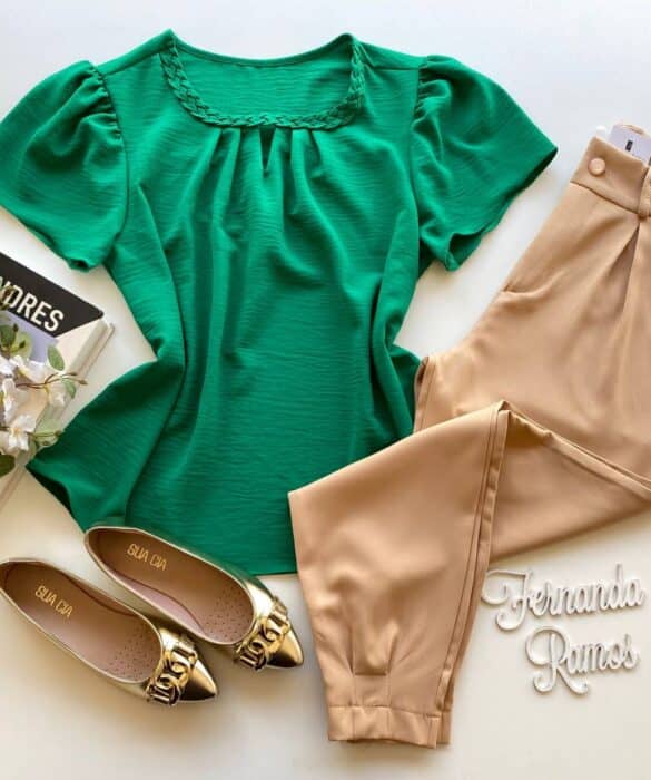 Blusa Manga Curta Feminina Bia Detalhe Trançado Verde - Fernanda Ramos Store