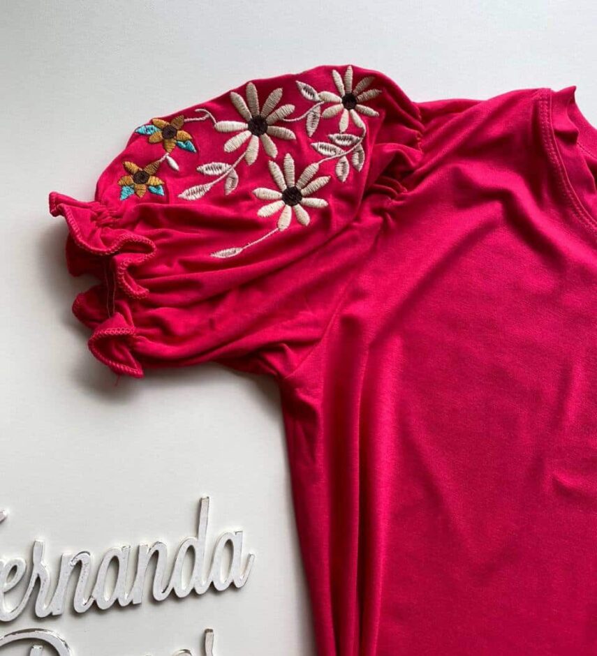 Blusa Manga Curta Feminina de Malha Mangas Bordadas Pink - Fernanda Ramos Store