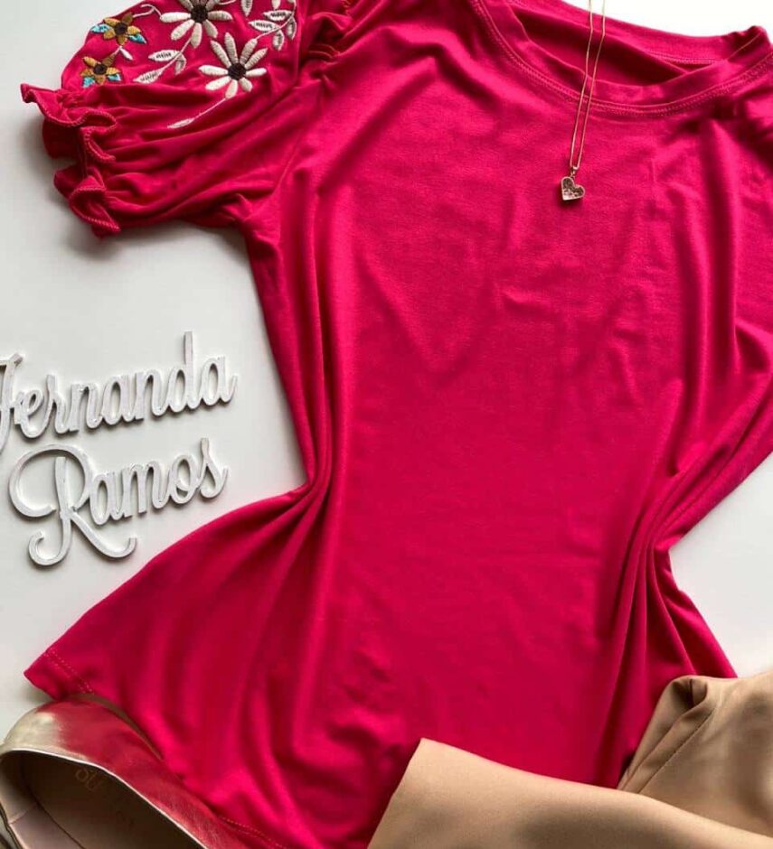 Blusa Manga Curta Feminina de Malha Mangas Bordadas Pink - Fernanda Ramos Store