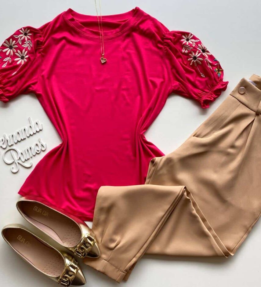 Blusa Manga Curta Feminina de Malha Mangas Bordadas Pink - Fernanda Ramos Store
