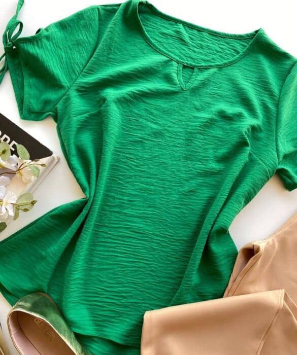 Blusa Manga Curta Feminina Isa Detalhe Amarração Verde - Fernanda Ramos Store