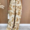 Calça Feminina Pantalona Estampada com Amarração Bege - Fernanda Ramos Store