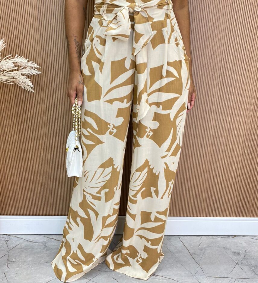 Calça Feminina Pantalona Estampada com Amarração Bege - Fernanda Ramos Store