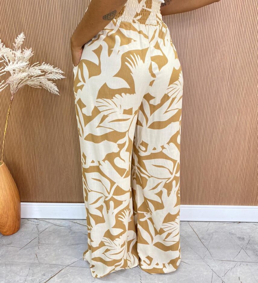 Calça Feminina Pantalona Estampada com Amarração Bege - Fernanda Ramos Store