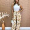Calça Feminina Pantalona Estampada com Amarração Bege - Fernanda Ramos Store