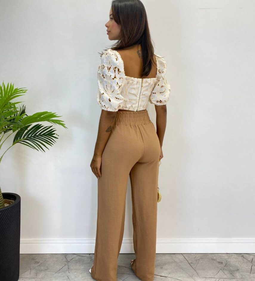 Calça Feminina Pantalona Lorena Lastex na Cintura Bege - Fernanda Ramos Store