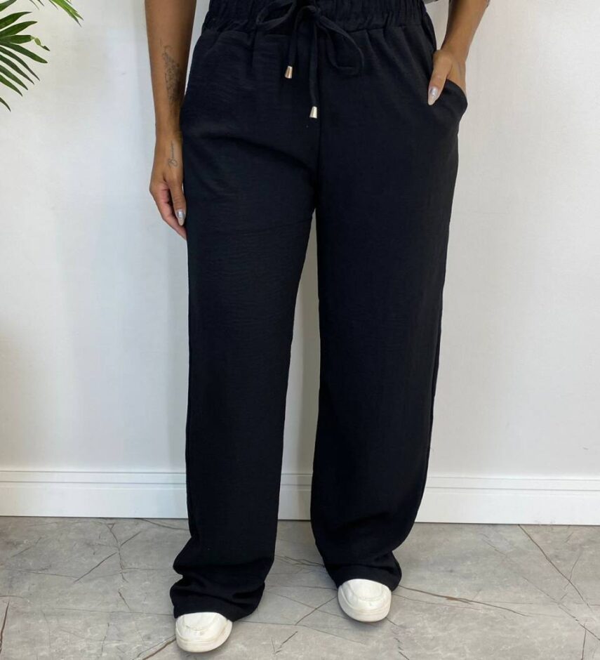 Calça Feminina Pantalona Lorena Lastex na Cintura Preta - Fernanda Ramos Store