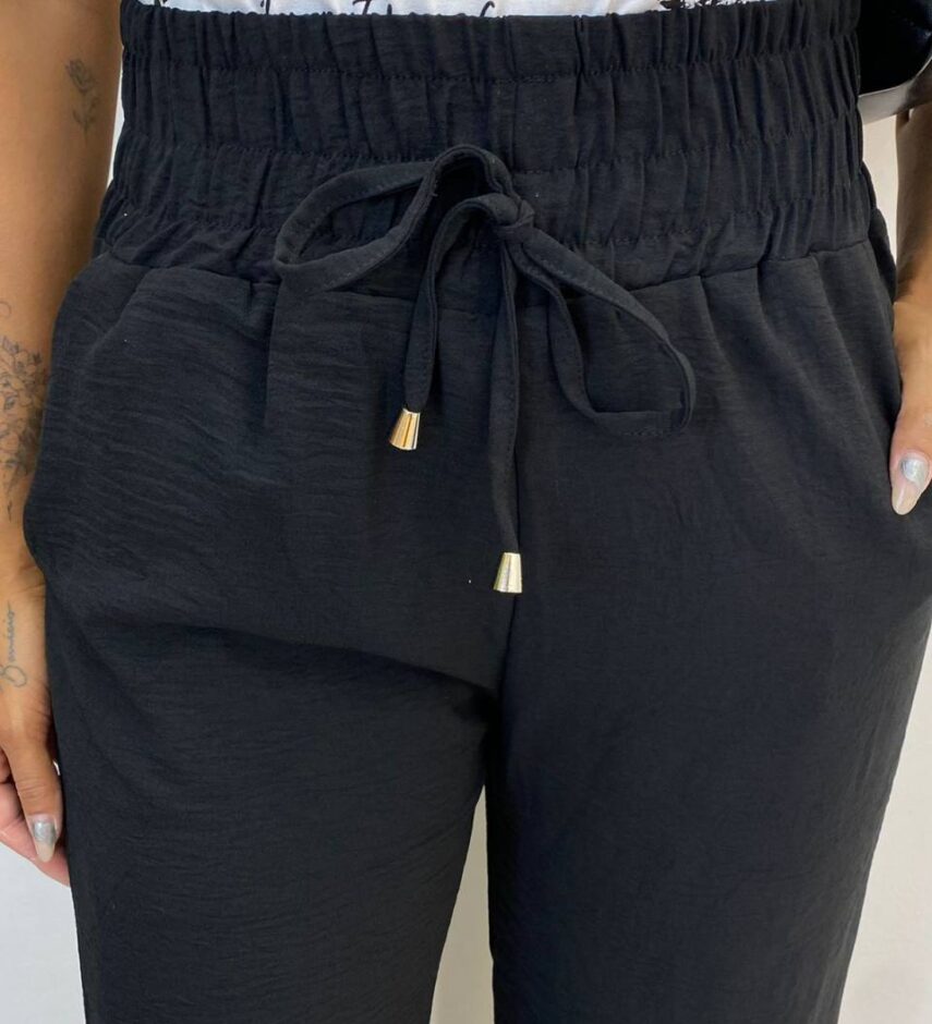 Calça Feminina Pantalona Lorena Lastex na Cintura Preta - Fernanda Ramos Store