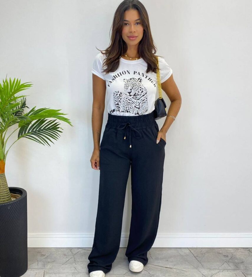 Calça Feminina Pantalona Lorena Lastex na Cintura Preta - Fernanda Ramos Store