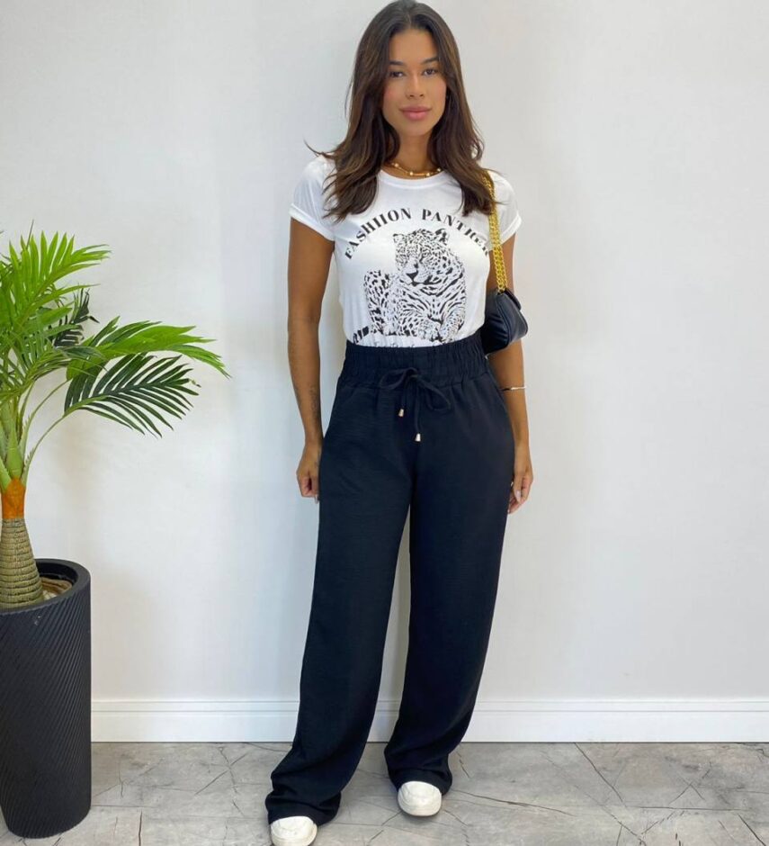 Calça Feminina Pantalona Lorena Lastex na Cintura Preta - Fernanda Ramos Store