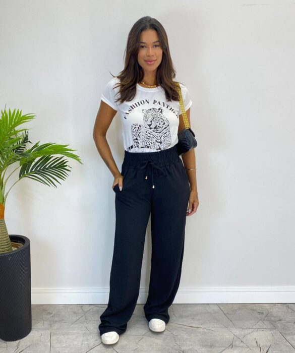 Calça Feminina Pantalona Lorena Lastex na Cintura Preta - Fernanda Ramos Store