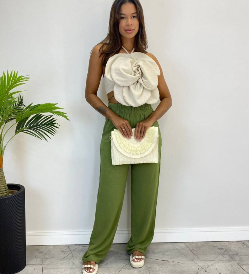 Calça Feminina Pantalona Lorena Lastex na Cintura Verde - Fernanda Ramos Store