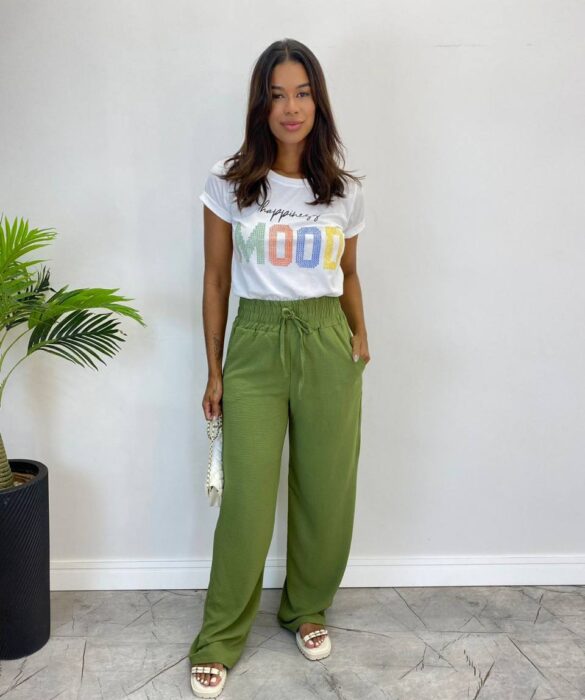 Calça Feminina Pantalona Lorena Lastex na Cintura Verde - Fernanda Ramos Store