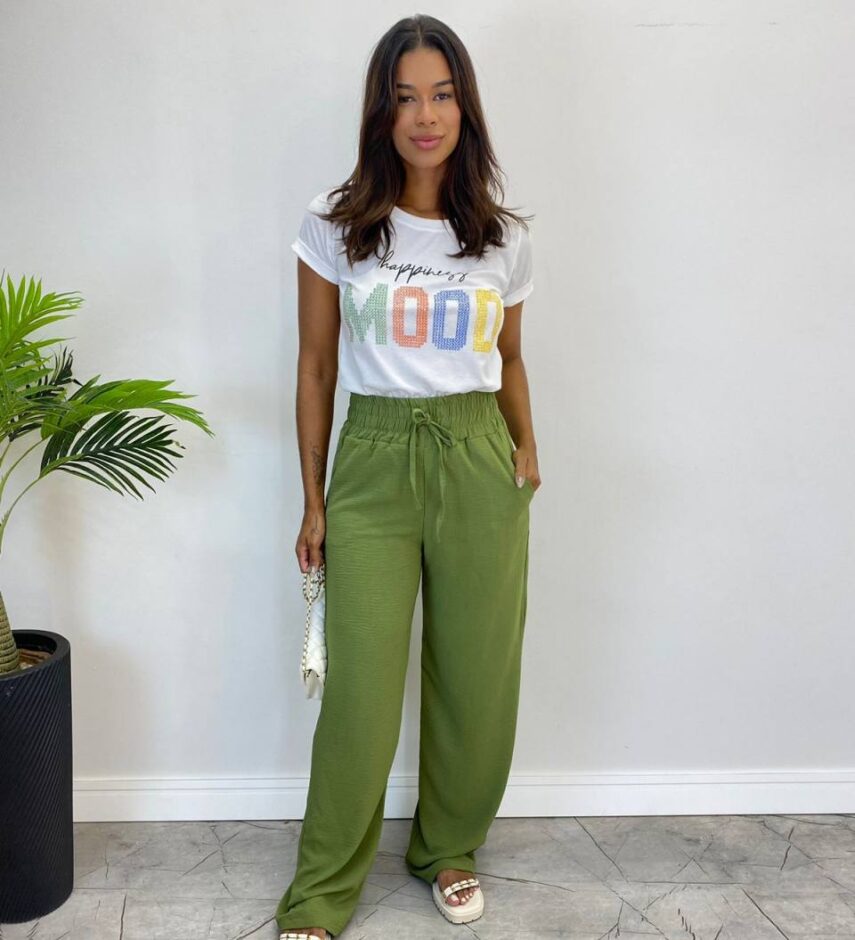 Calça Feminina Pantalona Lorena Lastex na Cintura Verde - Fernanda Ramos Store