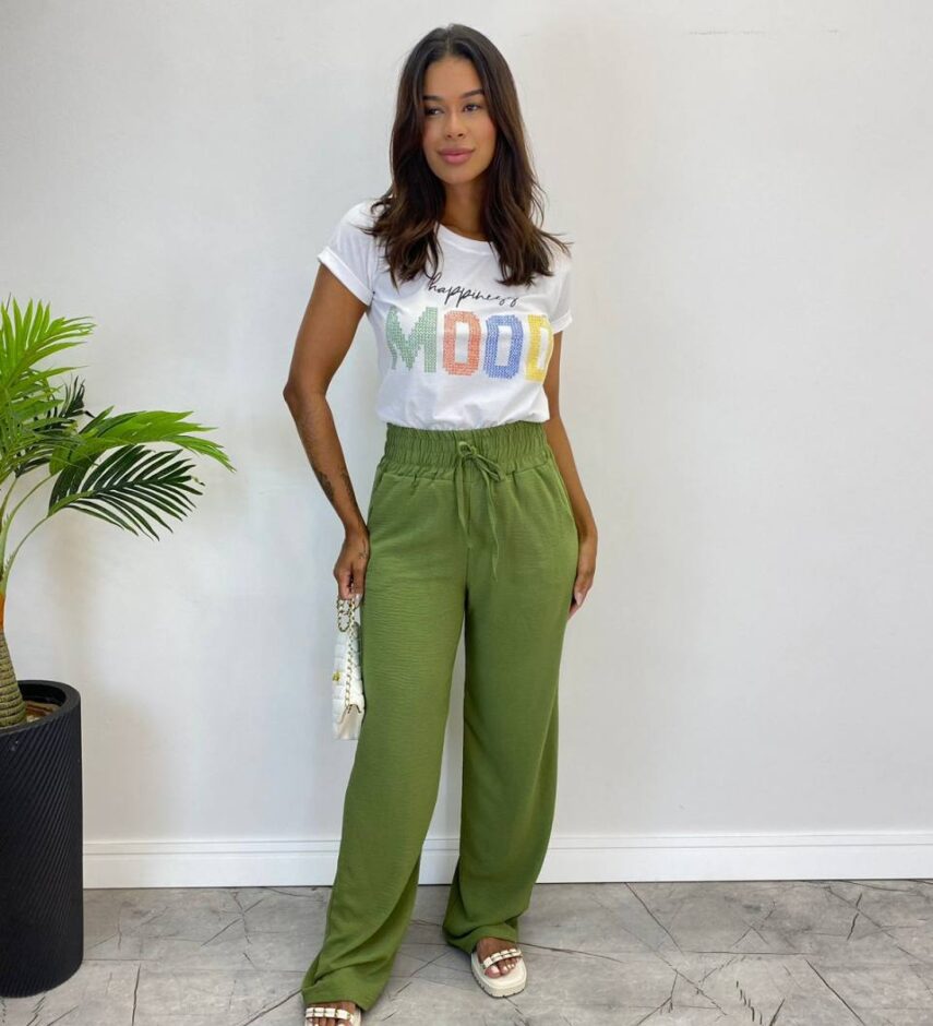Calça Feminina Pantalona Lorena Lastex na Cintura Verde - Fernanda Ramos Store