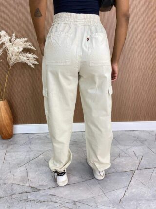 Calça Feminina Parachute Cargo Sarja Bege - Fernanda Ramos Store