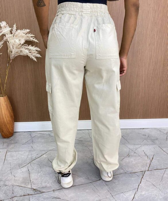 Calça Feminina Parachute Cargo Sarja Bege - Fernanda Ramos Store