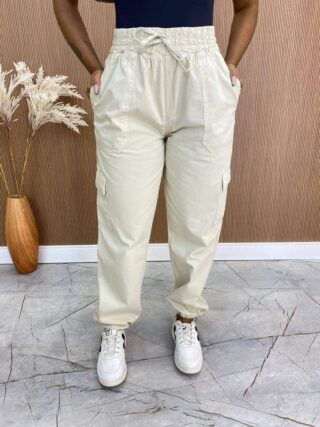 Calça Feminina Parachute Cargo Sarja Bege - Fernanda Ramos Store