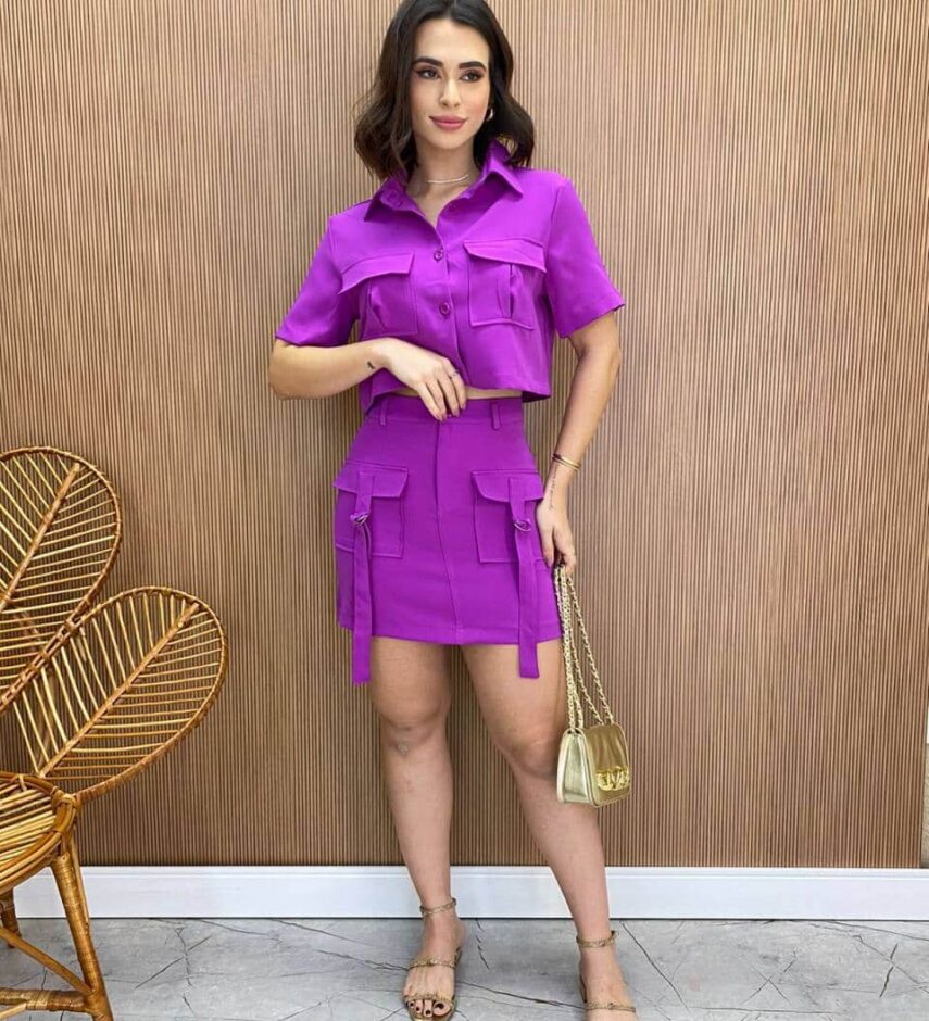 Conjunto Feminino Alfaiataria Luna Cropped e Saia Fúcsia - Fernanda Ramos Store