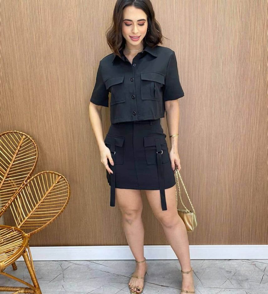 Conjunto Feminino Alfaiataria Luna Cropped e Saia Preto - Fernanda Ramos Store