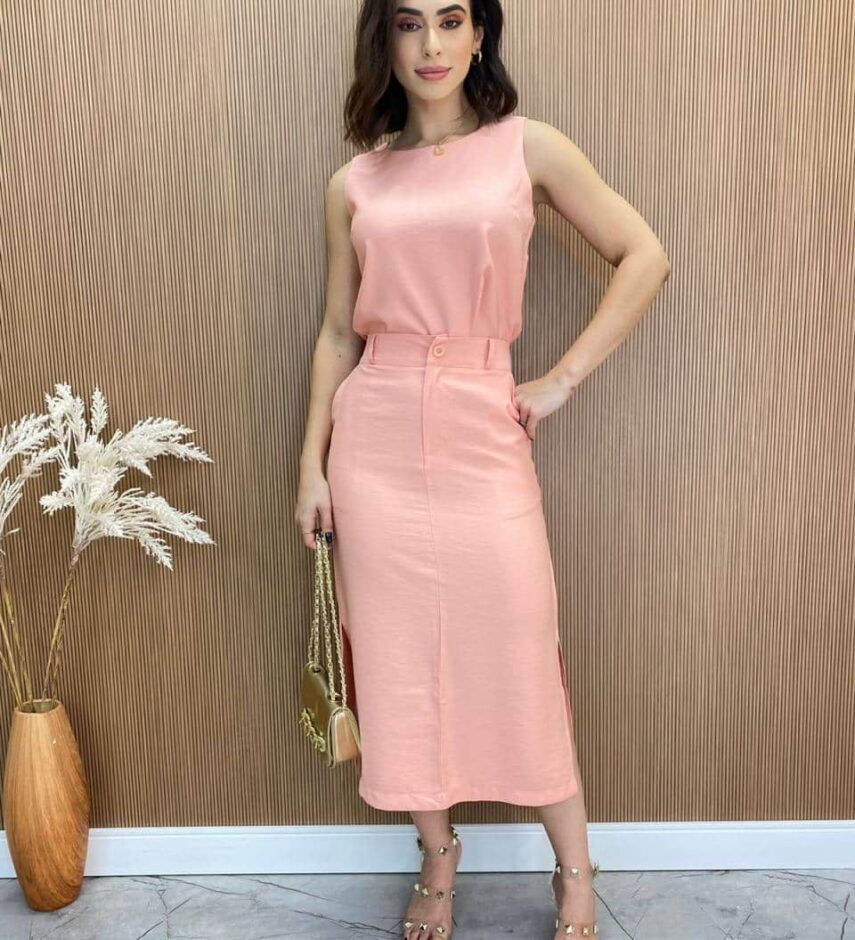Conjunto Feminino Jade Regata e Saia Midi Rosa - Fernanda Ramos Store