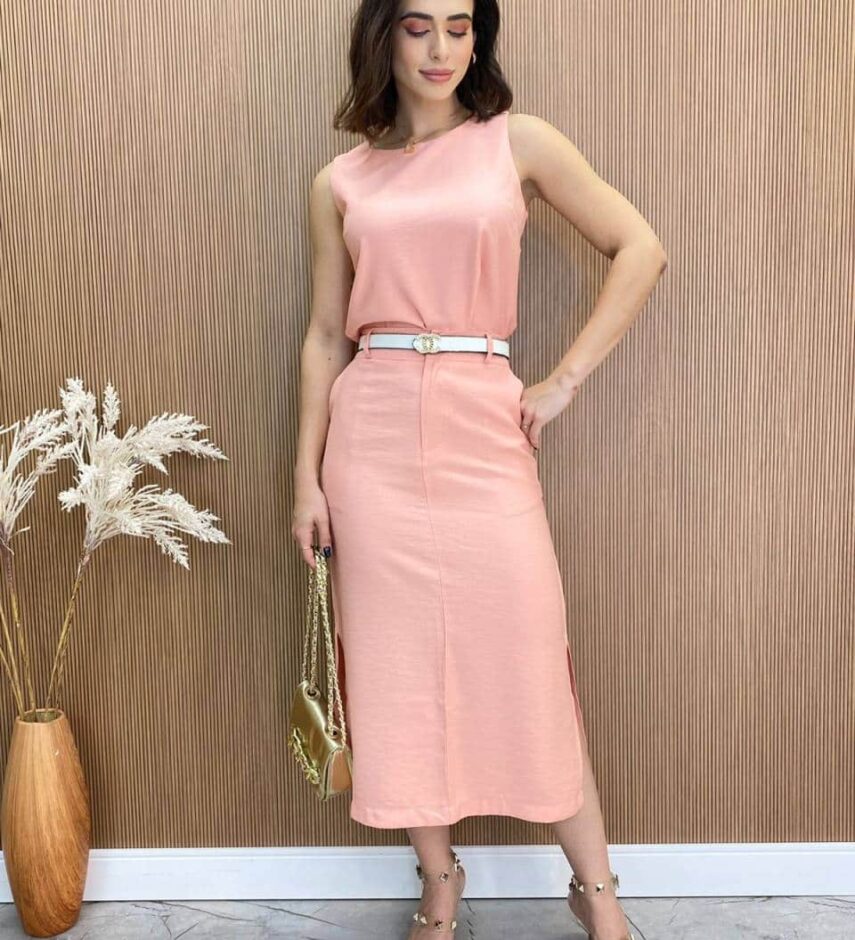 Conjunto Feminino Jade Regata e Saia Midi Rosa - Fernanda Ramos Store