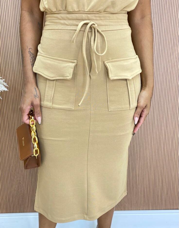 Conjunto Feminino Moletinho Laís Cropped e Saia Midi Bege - Fernanda Ramos Store