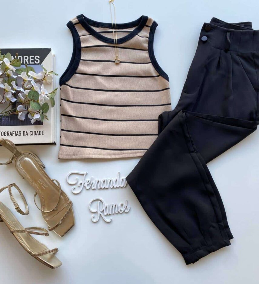 Cropped Feminino Canelado Heloisa Listrado Bege Fernanda Ramos Store