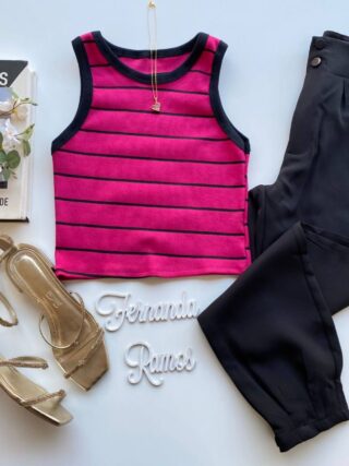 Cropped Feminino Canelado Heloisa Listrado Pink Fernanda Ramos Store