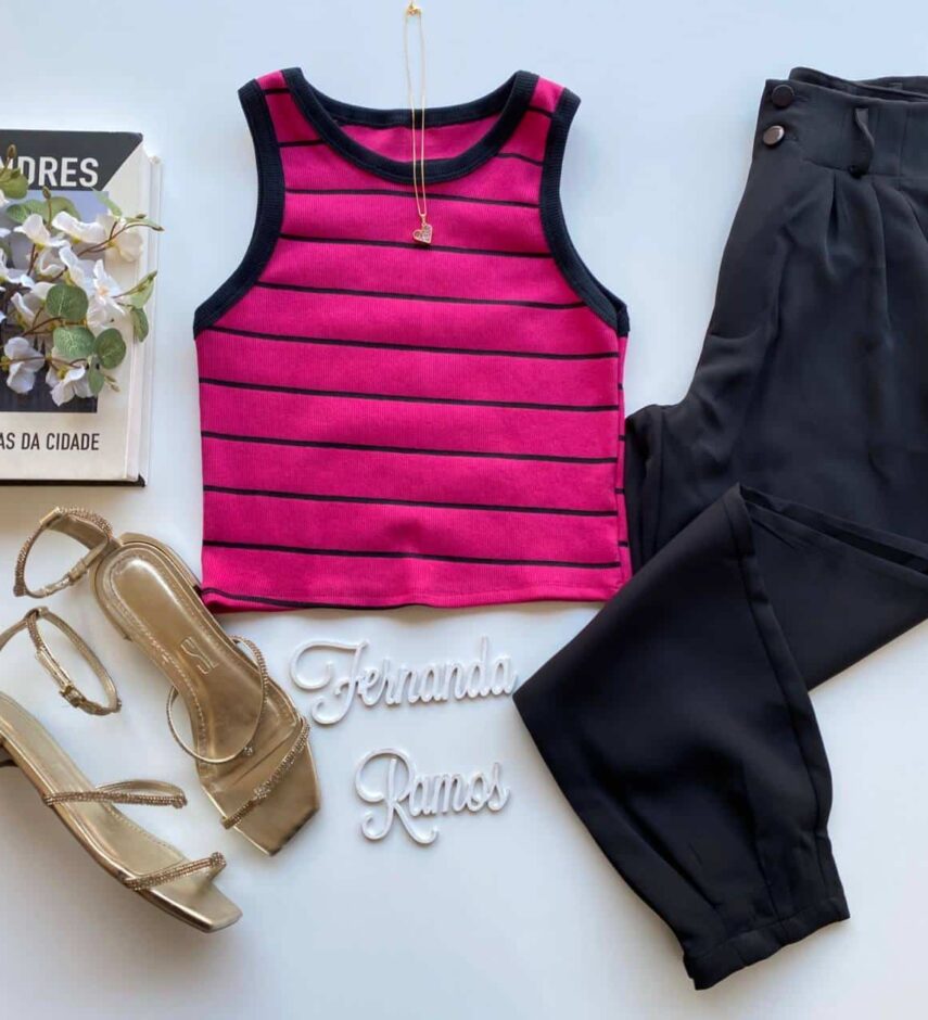 Cropped Feminino Canelado Heloisa Listrado Pink Fernanda Ramos Store