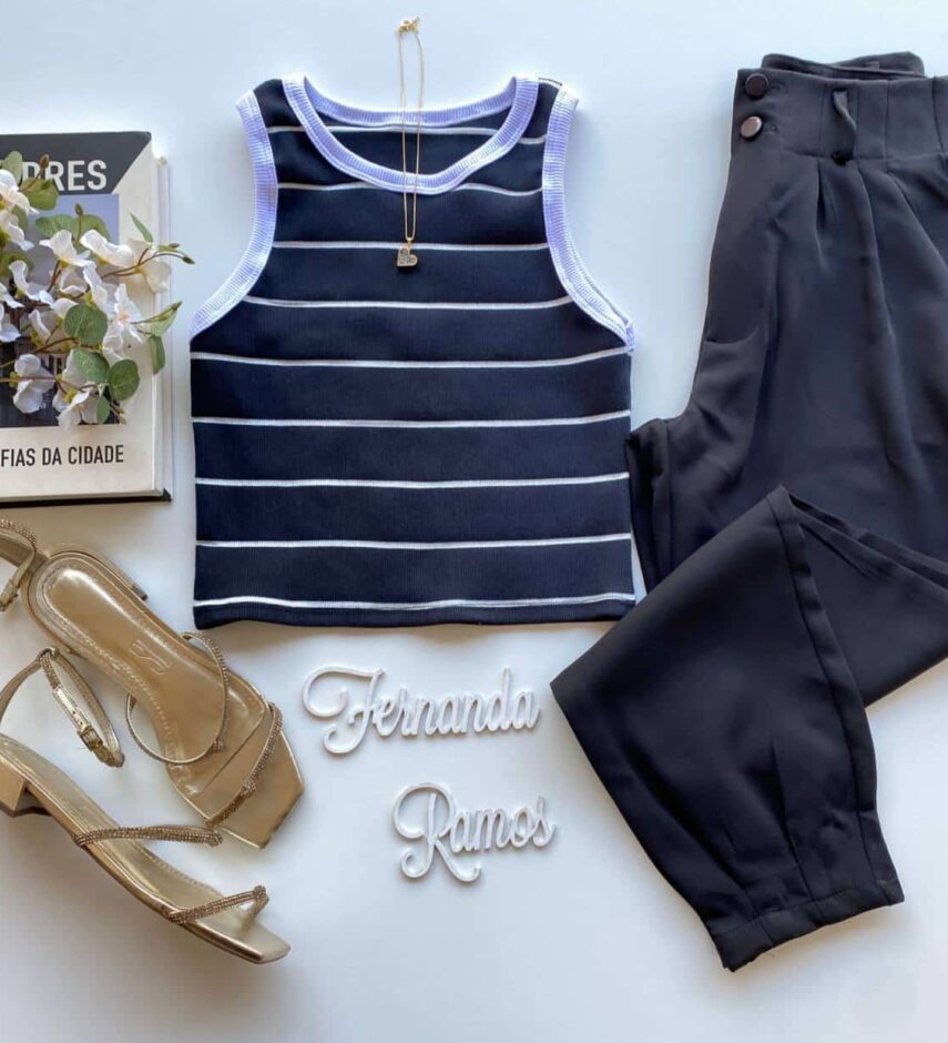 Cropped Feminino Canelado Heloisa Listrado Preto Fernanda Ramos Store