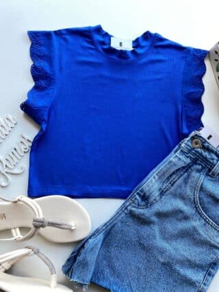 Cropped Feminino Canelado Olivia Detalhe em Laise Azul Bic - Fernanda Ramos Store