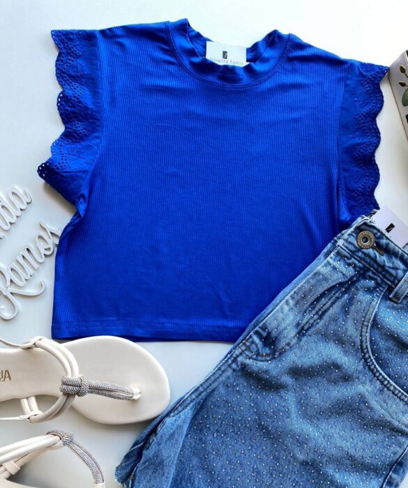 Cropped Feminino Canelado Olivia Detalhe em Laise Azul Bic - Fernanda Ramos Store