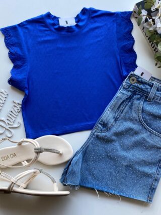 Cropped Feminino Canelado Olivia Detalhe em Laise Azul Bic - Fernanda Ramos Store