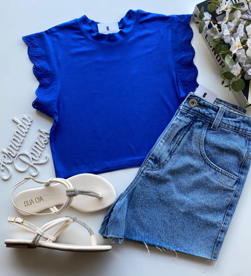 Cropped Feminino Canelado Olivia Detalhe em Laise Azul Bic - Fernanda Ramos Store