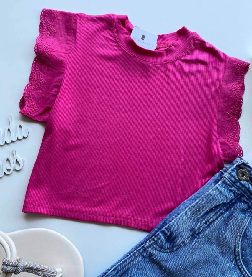 Cropped Feminino Canelado Olivia Detalhe em Laise Pink - Fernanda Ramos Store